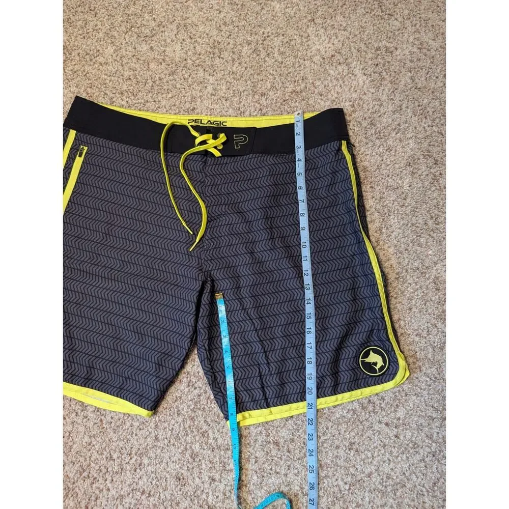 PELAGIC Ridgemont Mens 40;  Swim/board shorts, black/gray; Fishing, yellow trim
